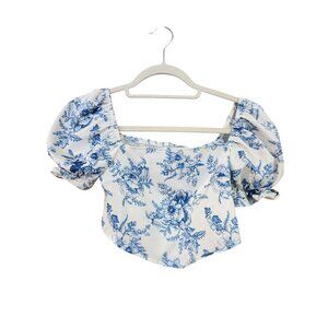 Shein Teen Girls Floral Puff Sleeve Smocked Crop Top Blue & White Size 8-9Y